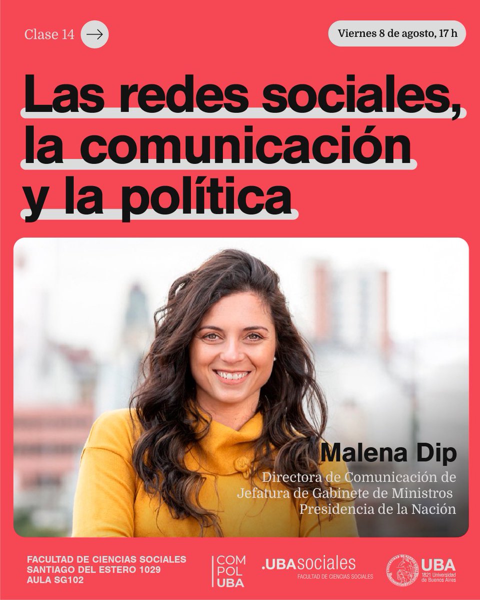 REDES SOCIALES EN COMPOL

Volvemos del receso de invierno para encontrarnos en <a href="/ubasociales/">UBA Sociales | #FSOC #UBA</a> con <a href="/maledip3/">Maledip</a> , Directora de Comunicación de Jefatura de Gabinete de Ministros, para aprender sobre el vínculo entre redes sociales, la comunicación y la política. 

📆 8/8
🕣 17 hs.