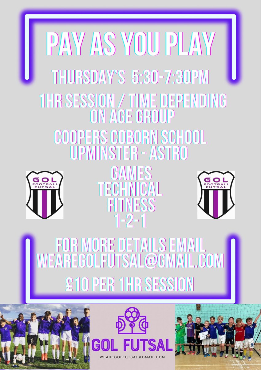 Gol FFC (@gol_futsal) on Twitter photo ⚽️ PAY AS YOU PLAY ⚽️
▫️OPEN sessions▫️
🗓️ Thursday 7th August
📍 Coopers Coborn School - RM14
⏰ 5:30pm - U6/U7/U8/U9/new U10*
⏰ 6:30pm - U10/U11/U12/U13/U14
Email 📧- wearegolfutsal@gmail.com
#essex #upminster #hornchurch #romford #camp #futsal #football #preseason ⚽️ PAY AS YOU PLAY ⚽️
▫️OPEN sessions▫️
🗓️ Thursday 7th August
📍 Coopers Coborn School - RM14
⏰ 5:30pm - U6/U7/U8/U9/new U10*
⏰ 6:30pm - U10/U11/U12/U13/U14
Email 📧- wearegolfutsal@gmail.com
#essex #upminster #hornchurch #romford #camp #futsal #football #preseason