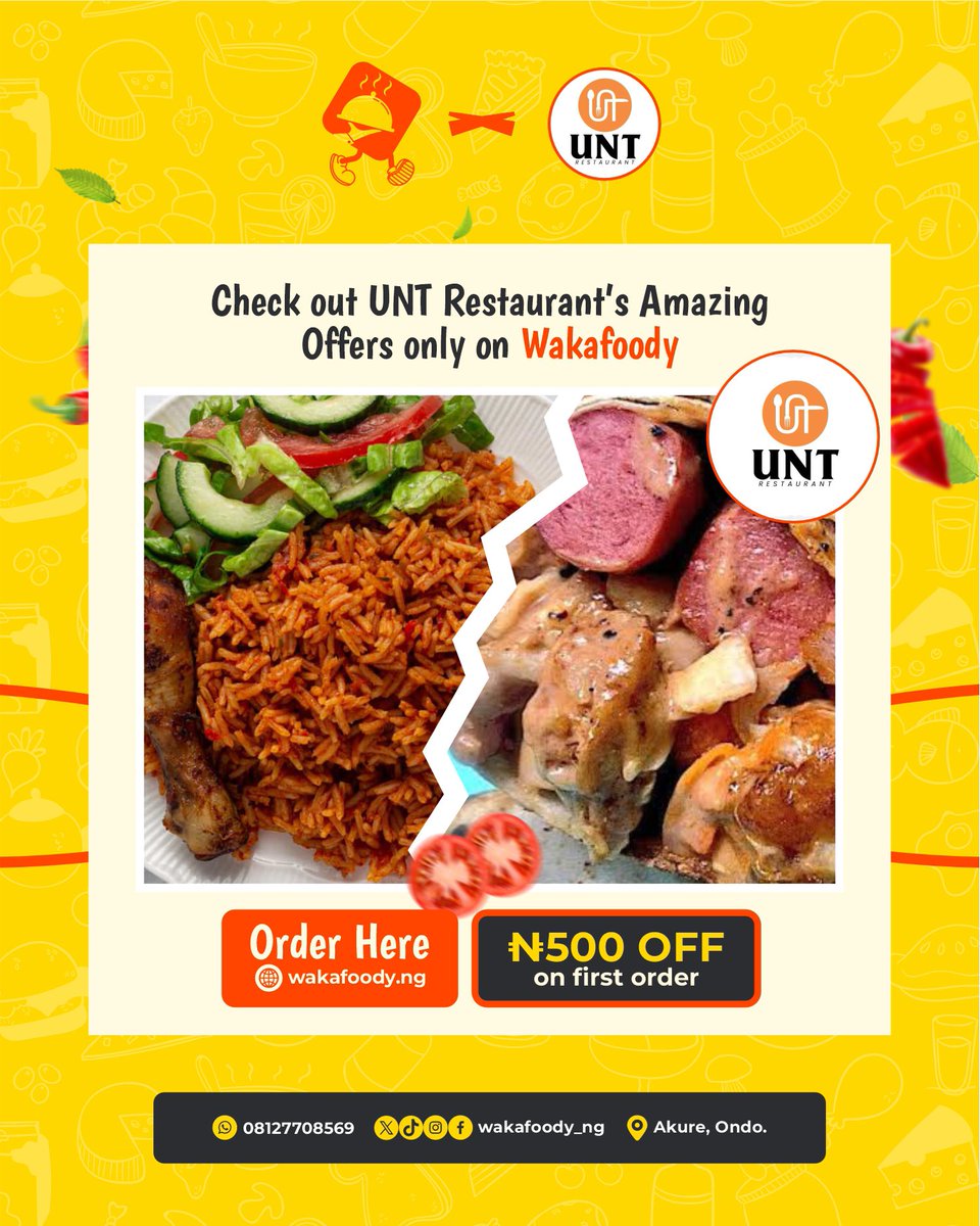 wakafoody (@wakafoody) on Twitter photo Big news, Akure!
UNT Restaurant is now on WakaFoody!
Your favorite meals, now just a few taps away.
Order now for hot, fresh, and fast delivery! 💚🍽️
<a href="/UNTRestOps/">UNT.Restaurant.ops</a>
#WakaFoody #AkureEats #UNTonWakaFoody #FoodieAlert #futa #akure Big news, Akure!
UNT Restaurant is now on WakaFoody!
Your favorite meals, now just a few taps away.
Order now for hot, fresh, and fast delivery! 💚🍽️
<a href="/UNTRestOps/">UNT.Restaurant.ops</a>
#WakaFoody #AkureEats #UNTonWakaFoody #FoodieAlert #futa #akure