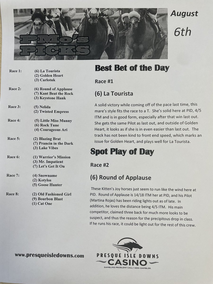 PMosPicks (@pmopicks) on Twitter photo Over the hump day here join us here <a href="/PID_Casino/">Presque Isle Downs & Casino</a> for a great day of racing! <a href="/TwinSpires/">TwinSpires Racing 🏇</a> <a href="/garypaljr/">Gary Palmisano</a> <a href="/PA_HBPA/">Pa HBPA</a> <a href="/PA_PHBA/">PA Bred</a> <a href="/Hinesite/">Nick J. Hines aka “Sarge” 🇺🇸</a> <a href="/BlaiseLBC/">Blaise Bollman</a> <a href="/PennHorseRacing/">PennHorseRacing</a> Over the hump day here join us here <a href="/PID_Casino/">Presque Isle Downs & Casino</a> for a great day of racing! <a href="/TwinSpires/">TwinSpires Racing 🏇</a> <a href="/garypaljr/">Gary Palmisano</a> <a href="/PA_HBPA/">Pa HBPA</a> <a href="/PA_PHBA/">PA Bred</a> <a href="/Hinesite/">Nick J. Hines aka “Sarge” 🇺🇸</a> <a href="/BlaiseLBC/">Blaise Bollman</a> <a href="/PennHorseRacing/">PennHorseRacing</a>