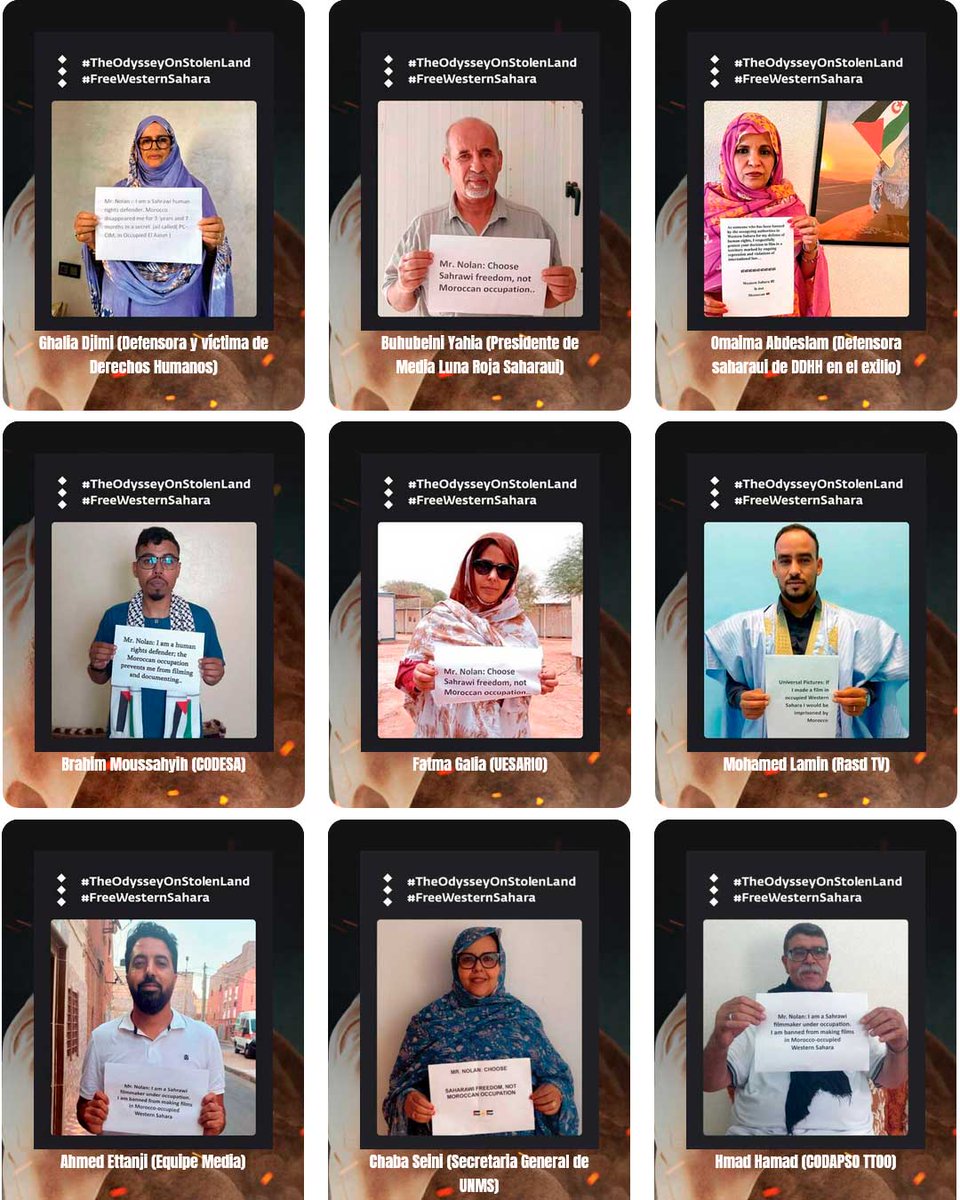 Ánimate a subir tus fotos a las redes sociales como ya han hecho otrxs saharauis protestando por el rodaje de #ChristopherNolan en el #SáharaOccidental Ocupado. No olvides incluir los hashtags en inglés #TheOdysseyOnStolenLand
#FreeWesternSahara
👉 festivalsahara.org/the-odyssey-ca…