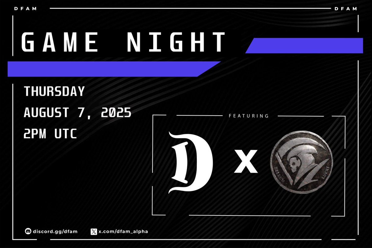 DFAM Alpha (@dfam_alpha) on Twitter photo We're thrilled to announce our collaboration with <a href="/ReaperActualW3/">Reaper Actual Web3</a>
We will also be hosting a Showcase Gamenight in our Discord
Date: Thursday, August 7th, 2025
Time: 2 PM UTC
Location: DFAM AMA stage
Rewards: See discord announcement 👀
Join us: discord.gg/dfam We're thrilled to announce our collaboration with <a href="/ReaperActualW3/">Reaper Actual Web3</a>
We will also be hosting a Showcase Gamenight in our Discord
Date: Thursday, August 7th, 2025
Time: 2 PM UTC
Location: DFAM AMA stage
Rewards: See discord announcement 👀
Join us: discord.gg/dfam