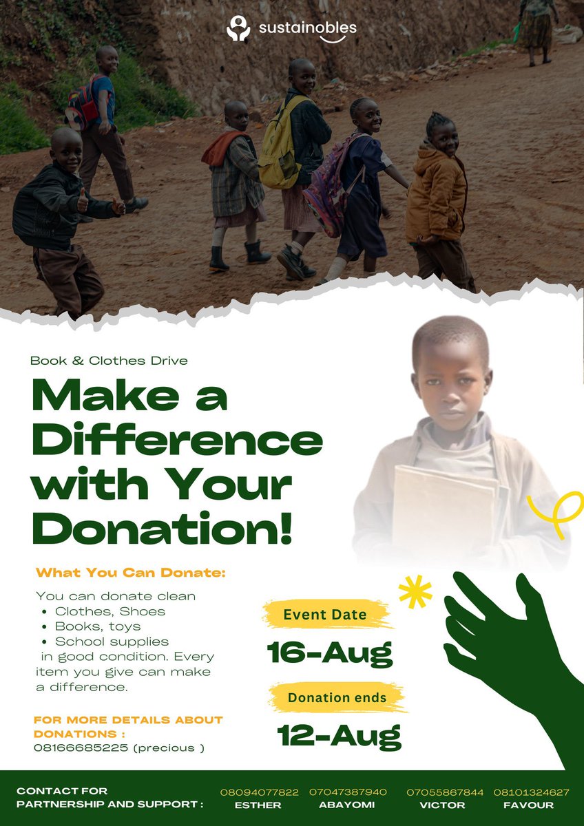 If you’d like to donate used clothes and shoes. Note Books. textbooks and Story books to support this movement, kindly reach out to <a href="/Sustainobles/">Sustainobles</a> to arrange a drop off.

You can as well call 
Precious on: 
+234 816 668 5225
