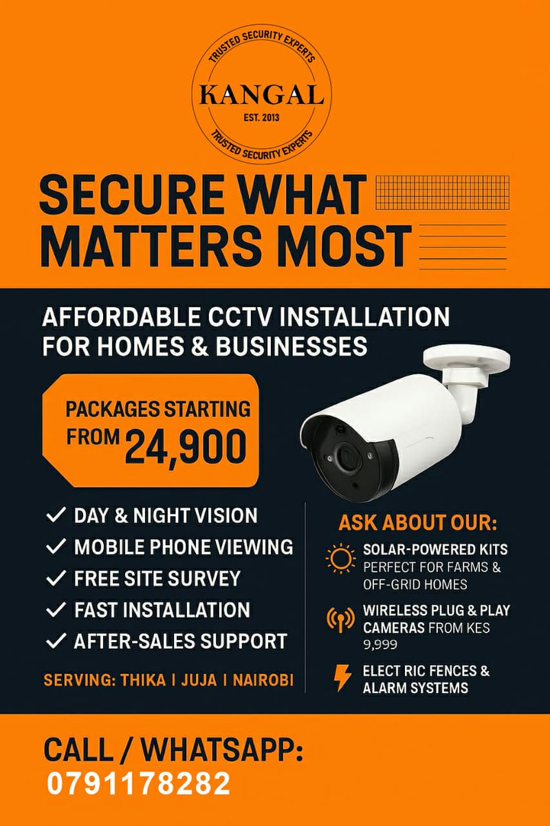 Kiringureuben1's tweet image. 🌆 As the sun sets, let your guard rise.
Protect what matters with Kangal Security Solutions.
CCTVs | Nanny Cams | Electric Fences | Car Trackers
📞 0791178282
#EveningSecurity #StaySafeWithKangal #SmartSecurityKE
