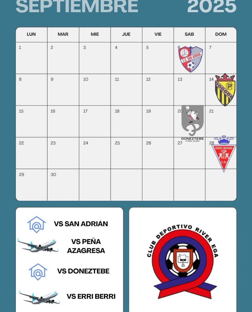 OFICIAL:
Nuestro 1o equipo ya conoce el calendario 📆 25/26 y los rivales 🛠️. Menudo comienzo con dos derbis ante CD.San Adrián y Peña Azagresa.. Concluirá Septiembre con la visita al Andola del Doneztebe FT y el viaje a Olite para enfrentarse al CD. Erri Berri.