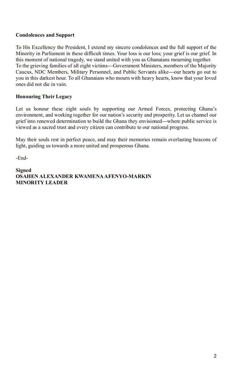 STATEMENT BY THE MINORITY ON THE TRAGIC MILITARY HELICOPTER CRASH THAT KILLED 8 GHANAIANS.