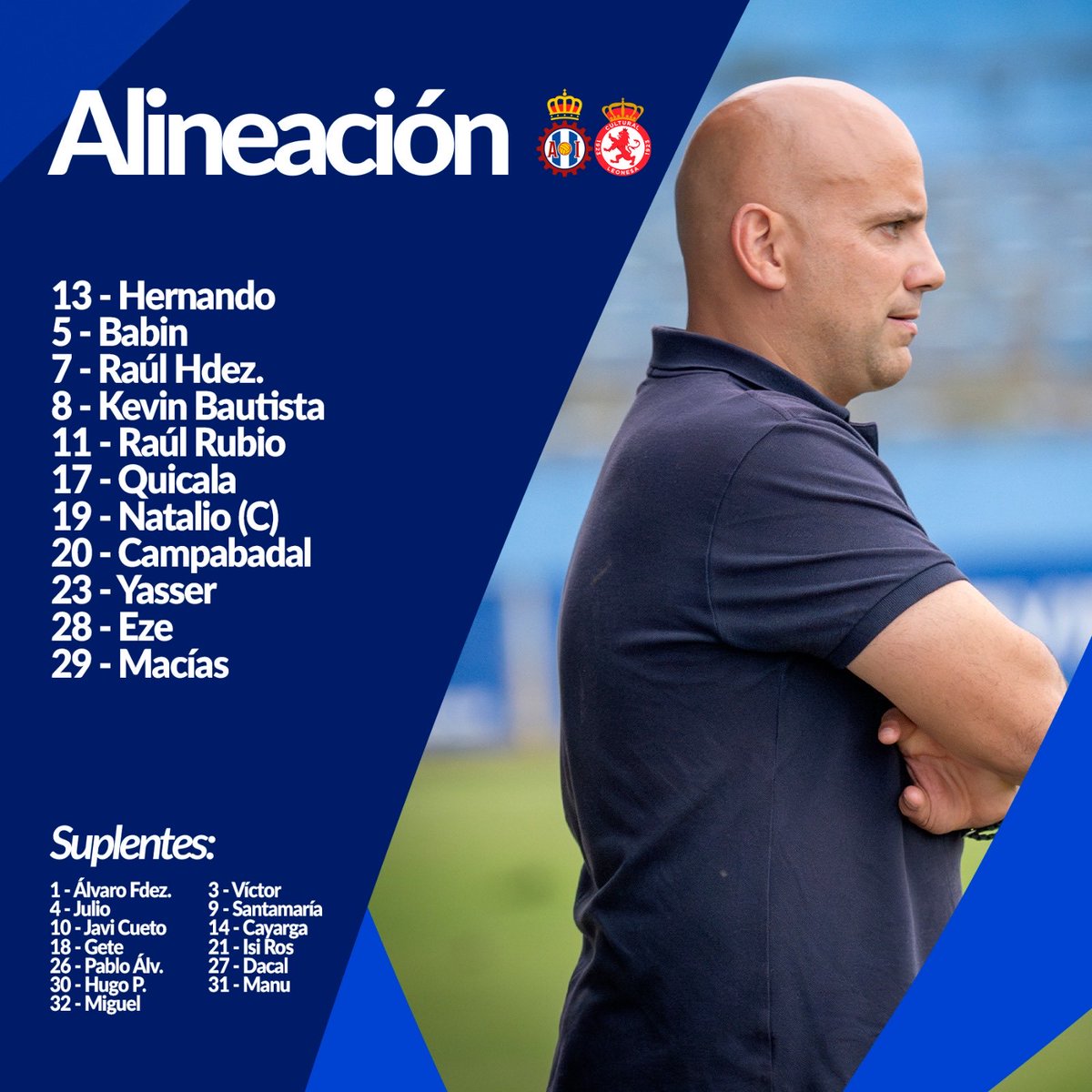 Once de <a href="/JaviR82/">Javi Roza 82</a>. Debuta <a href="/nandoalm1/">nando</a>, regresa Babin a la defensa con Eze. Campabadal y Macías en los laterales, con Yasser y Kevin en el medio. Quicala y Raúl Hdez en bandas y Natalio y Raúl arriba.
#avilesinismo 🔵⚪️🔴