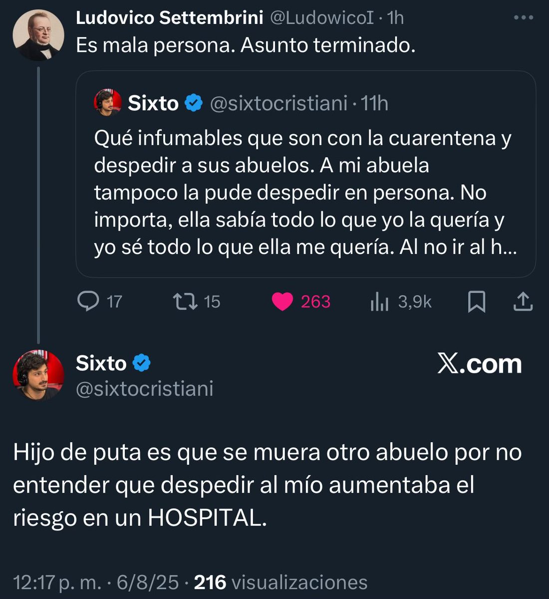 O sea: sos un asesino hijo de puta si no procesás el duelo de la manera autorizada por el Politburó.

Una vez más, los que van por la vida juzgándonos a todos como si tuvieran escriturada a su nombre la empatía tienen menos de ésta que una tarántula sociópata.