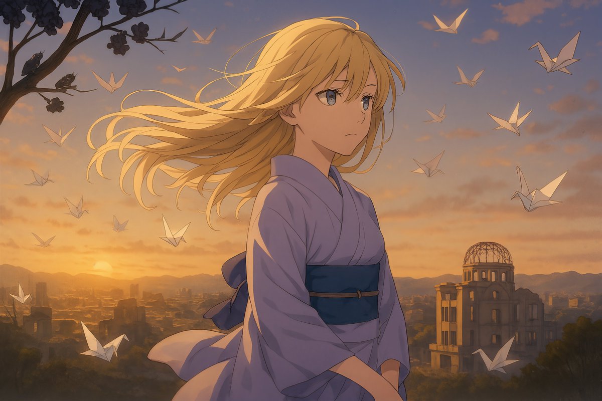 八月の風が
死者の名をそっと運ぶ。
蝉の声、消える。
竹の影が落ちる、
光の廃墟の上に。
鶴たちは、故郷へ帰る。
#Hiroshima80