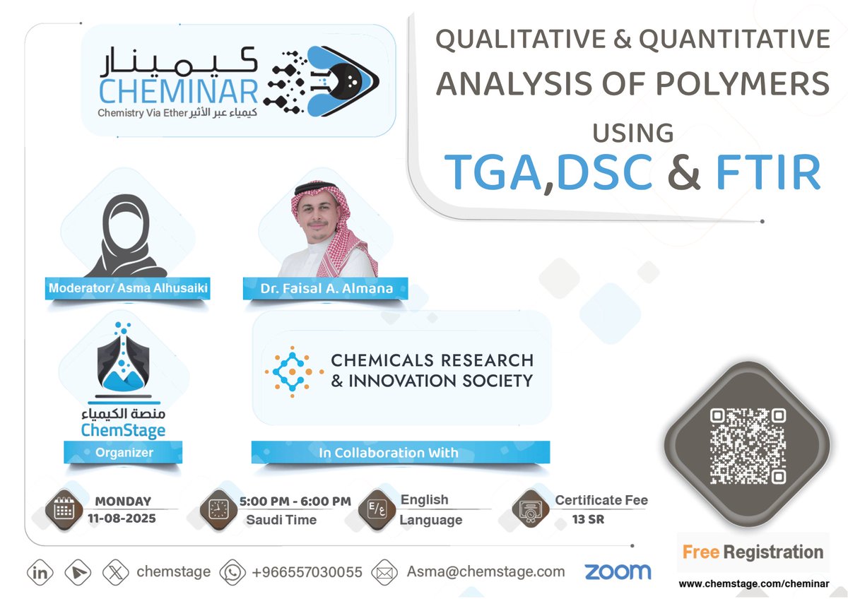 ChemStage's tweet image. Join Us for our Aug's #Cheminar:
[  Qualitative and Quantitative Analysis of Polymers using #TGA, #DSC and #FTIR ]
Explore Polymer Analysis Techniques in our upcoming free online Cheminar.

In collaboration with: Chemicals Research and Innovation Society @chemreain 
Presented by: