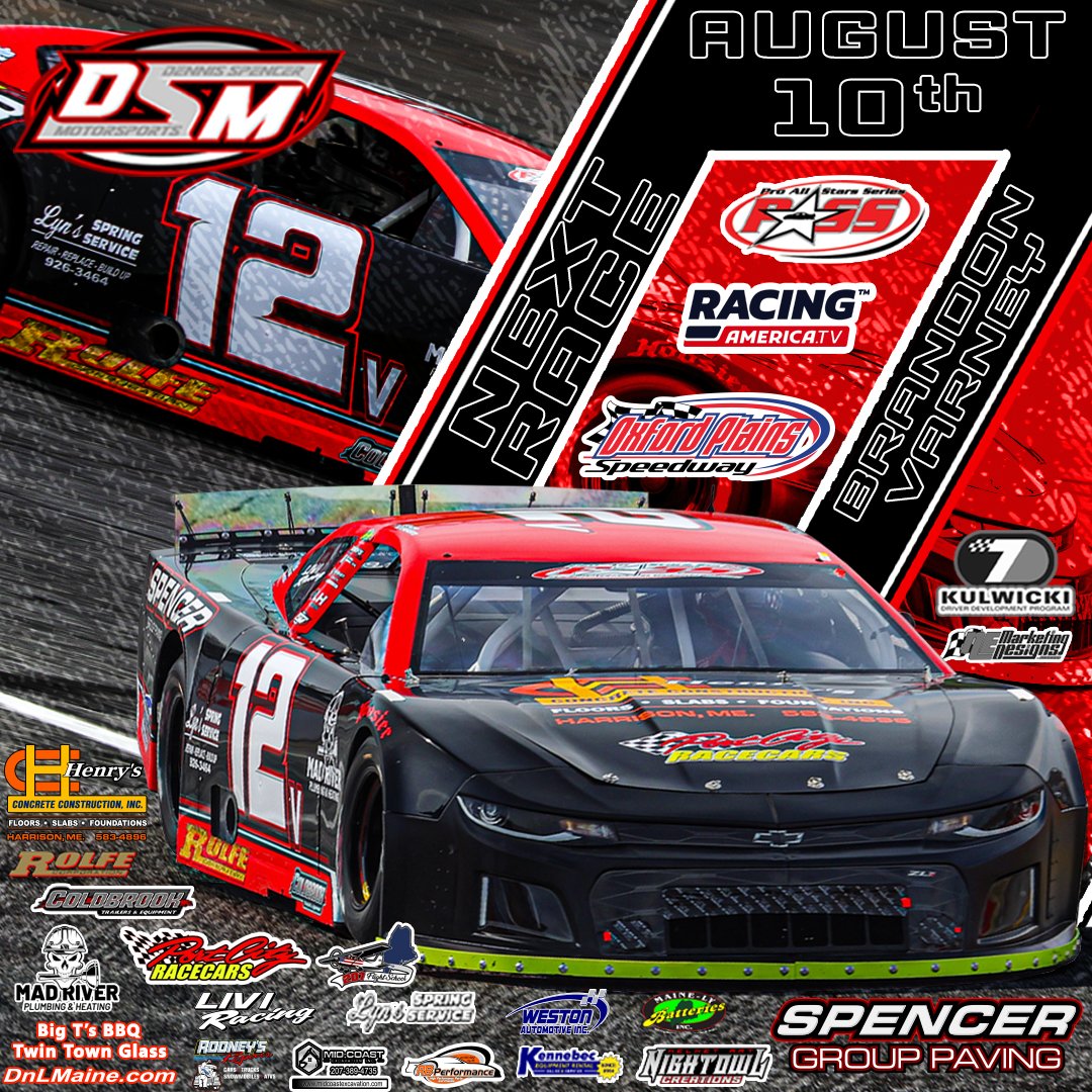 After 2 rainouts, the #12v is back! Brandon Varney &amp; Dennis Spencer Motorsports return to Oxford Plains this Sunday for the $5K-to-win PASS SLM 150. With the Oxford 250 nearing, it's go time. Green flag at 3PM! Watch live on Racing America or come cheer them on! #PASSracing