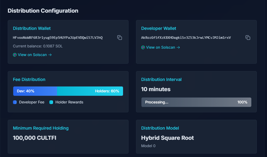 CultFi_Revshare's tweet photo. The info is further down the page. 
Pic 1: Shows that the distribution wallet is in a refill state and will distribute once it hits 0.35.
Pic 2: If you look in the top left info-box on the page, you will see the address and value of the distribution wallet. 

Distribution Wallet address: HFvooNoWRF6R3r1yug59Ep5HUYPaJUpEVDQwi57LVJhQ