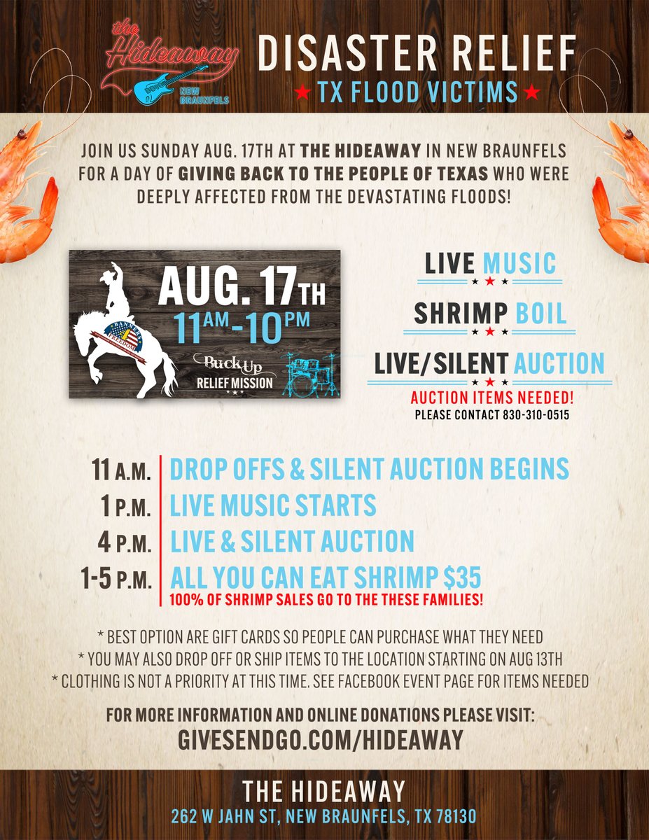 BuckUpRelief's tweet image. Join Robert, Jaime and the Buck Up Relief Mission Team Aug. 17th in New Braunfels, TX at The Hideaway restaurant for a day of food, live music, live/silent auctions and fellowship as we fundraise to support the Texas flood disaster families in the recent video testimonies posted…