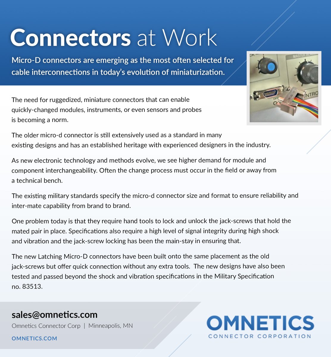 Omnetics's tweet image. As the demand for module and component interchangeability increases, our #MicroD connectors rise to the occasion. No extra tools needed.

#ConnectorsAtWork #MiniatureConnectors