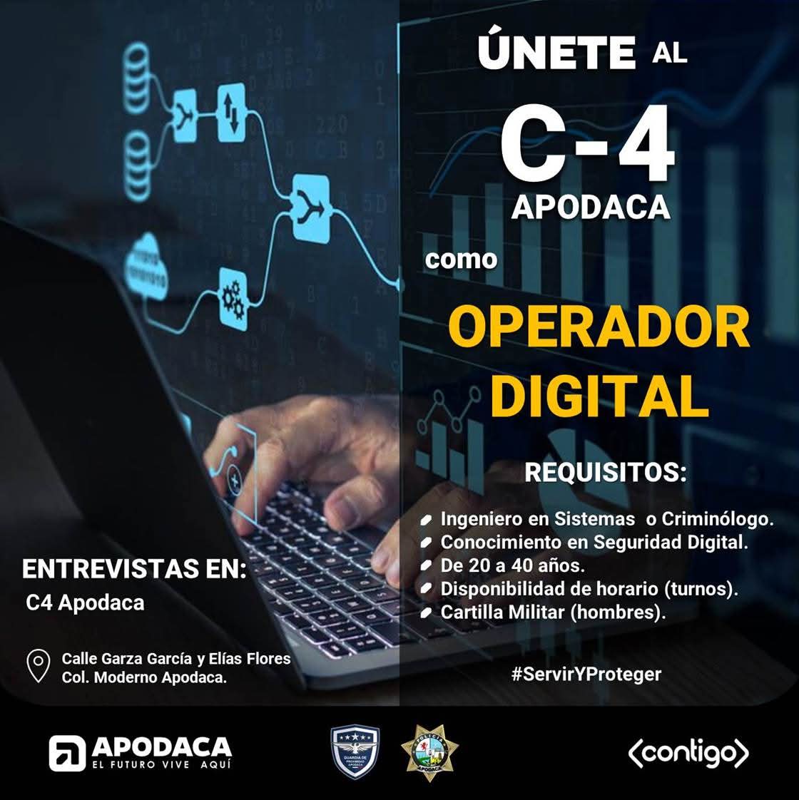 Si cuentas con estudios y conocimiento en Seguridad Digital, puedes formar parte del C4 Apodaca.  #ElFuturoViveAquí 
 #ServiryProteger