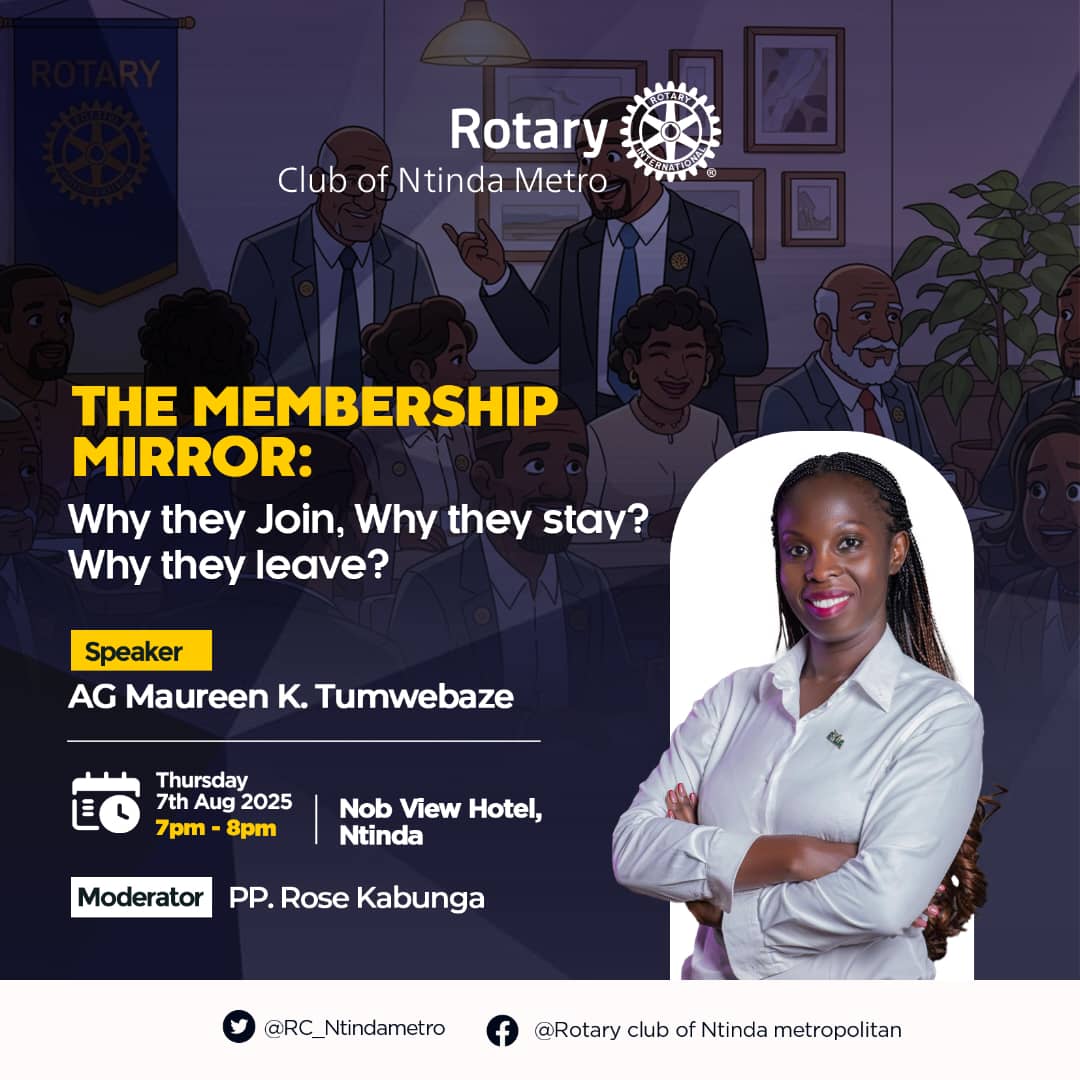 📣 This Thursday 

You're  invited to an engaging and thought-provoking Rotary Fellowship hosted by the Rotary Club of Ntinda Metro this Thursday, 7th August 2025, from 7:00pm to 8:00pm at Nob View Hotel, Ntinda.

#RotaryFellowship #NtindaMetro #PeopleOfAction  #MembershipMatters