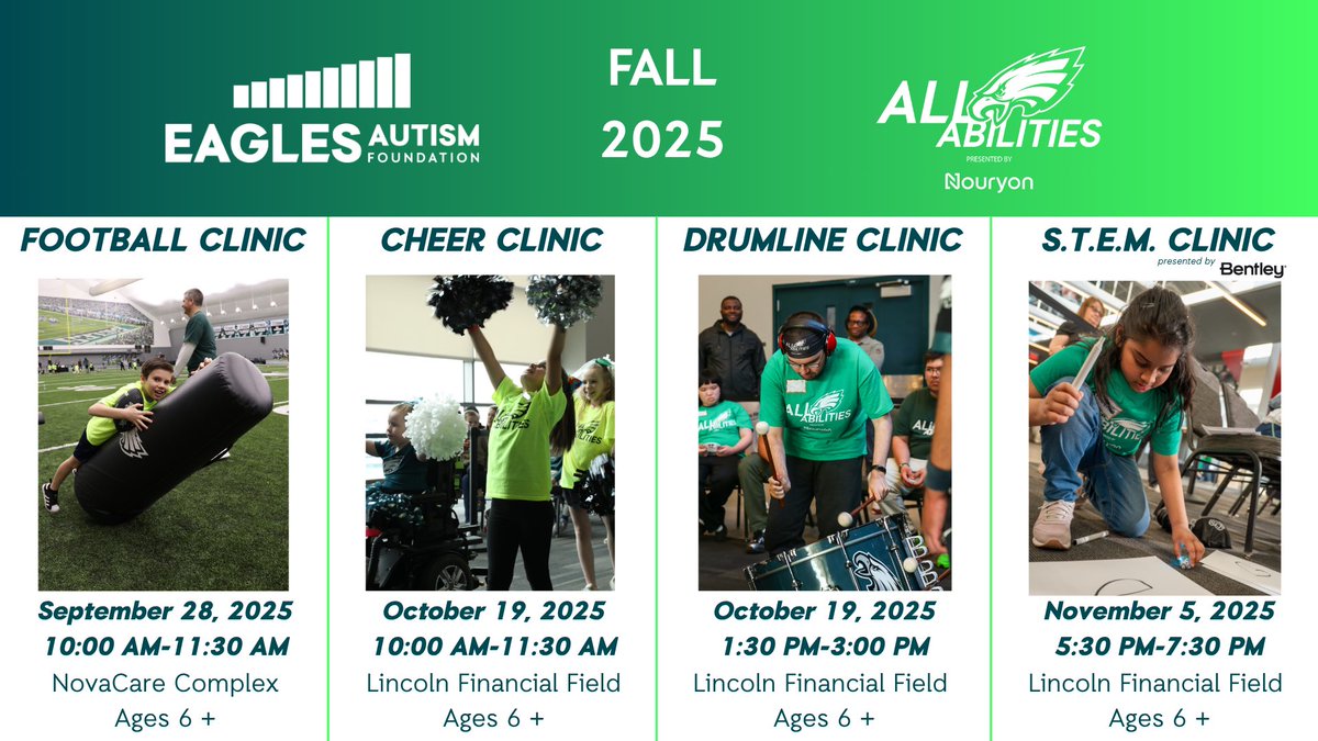 Mark your calendars! The 2025 Fall All Abilities Clinic dates are now live. Join us for another season of inclusive and fun activities with individuals of all abilities🏈📣🥁🔭

Sign up today: philadelphiaeagles.com/eaglesautismfo…