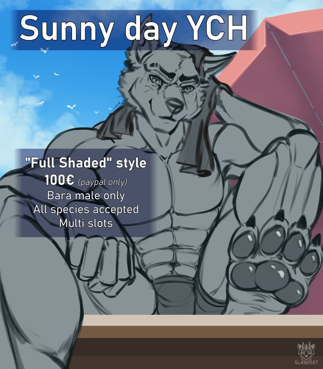 🏖️Sunny day YCH ☀️
The warm days are not gone yet! Let's keep enjoying them!

✨"Full Shaded" style ✨
- Price : 100€ (paypal only) 
- Male only 
- All Species accepted 
- Multi slots

Feeling inspired by this summer 😎
DM me for more infos 😉
