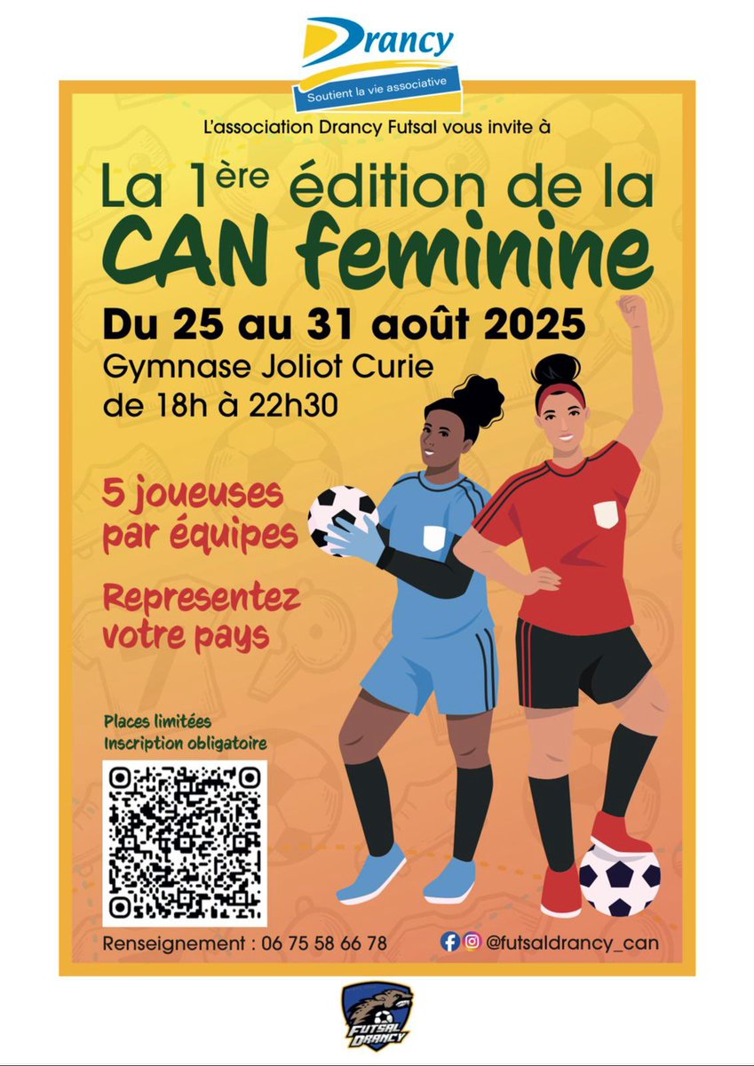 Drancy accueille la 1ère CAN Futsal Féminine !

📅 Du 25 au 31 août, vivez un événement unique porté par le <a href="/futsaldrancy/">FUTSAL DRANCY</a>

Un club pionnier, engagé, ouvert sur le monde.

Une compétition au service du sport féminin et de la fraternité.

+ d’infos via le QR Code de l’affiche !