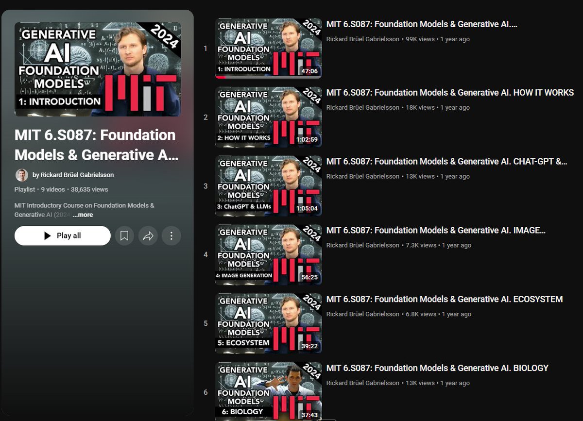 victor_explore's tweet photo. MIT packed 7 hours of lectures with everything you need to know about Gen AI completely free. Link in comment.

Here’s what it covers:
→ ChatGPT
→ Stable Diffusion and DALL·E
→ Neural Networks
→ Supervised Learning
→ Representation and Unsupervised Learning
→ Reinforcement Learning
→ Generative AI
→ Self-Supervised Learning
→ Foundation Models
→ GANs (Adversarial)
→ Contrastive Learning
→ Autoencoders
→ Denoising and Diffusion