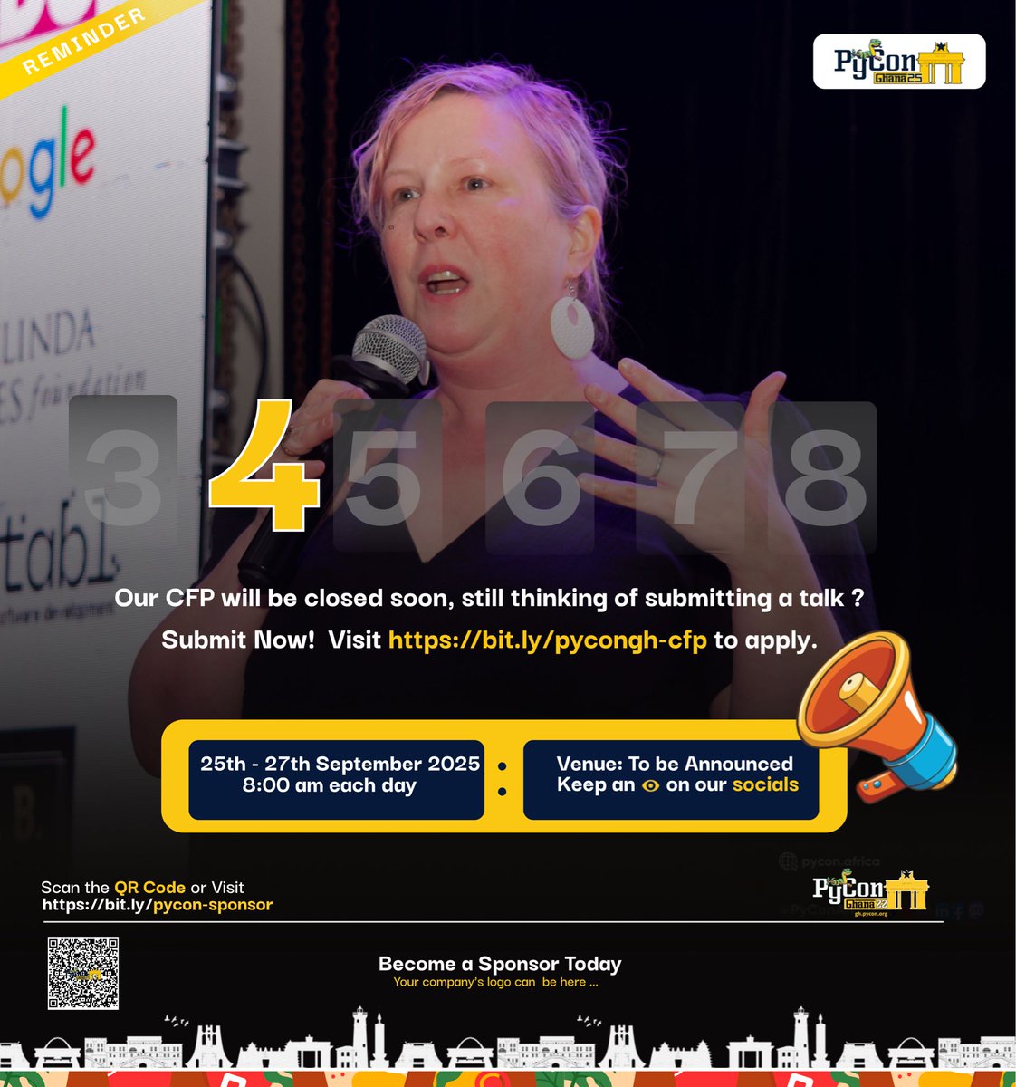 ⏳ 4 days left!
Still holding onto that talk idea for #PyConGhana 2025? 🚀
You don’t need to be an expert — just bring your story &amp; perspective.

📅 25–27 Sept 2025
📝 Submit: bit.ly/pycongh-cfp

#PythonGhana
#PyConGhana2025
