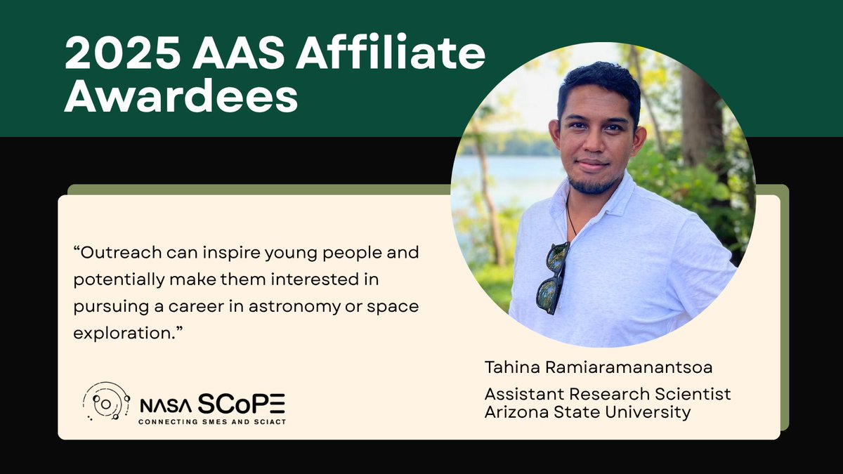 NASA SCoPE (@nasa_scope) on Twitter photo Meet Tahina Ramiaramanantsoa! He is a postdoctoral researcher at <a href="/ASU/">Arizona State University</a> <a href="/SESEASU/">School of Earth and Space Exploration</a> and a 2025 #AAS246 <a href="/AAS_Office/">American Astronomical Society (AAS)</a> <a href="/NASA/">NASA</a> SciAct Affiliate. His research revolves around the intrinsic variability of stars ⭐ including massive stars and red dwarfs Meet Tahina Ramiaramanantsoa! He is a postdoctoral researcher at <a href="/ASU/">Arizona State University</a> <a href="/SESEASU/">School of Earth and Space Exploration</a> and a 2025 #AAS246 <a href="/AAS_Office/">American Astronomical Society (AAS)</a> <a href="/NASA/">NASA</a> SciAct Affiliate. His research revolves around the intrinsic variability of stars ⭐ including massive stars and red dwarfs