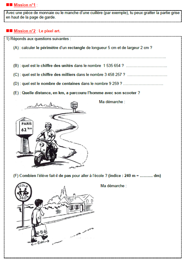 page de garde 6e  : pixel art (numérat°, convers°, résolut° de pbm, pbm par l'image de la boite à mamie de <a href="/claire_lomme/">Claire Lommé, ClaireLomme@mathstodon.xyz</a> ,frise à reproduire. Le tt envoyé par la poste sous forme de missions (genre lettre poudlard) avt la rentrée (repris et travaillé en classe bien évidemment)