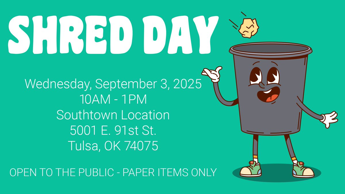 RedCrownCU's tweet image. Join us for a Free Shred Day at our Southtown location in Tulsa!

🗓 Wednesday, September 3rd
⏰ 10:00 AM – 1:00 PM
📍 [Southtown Location Address - 5001 E. 91st St, Tulsa, OK 74137]

No appointment needed. Just stop by!

#redcrown #local #tulsa #ShredDay