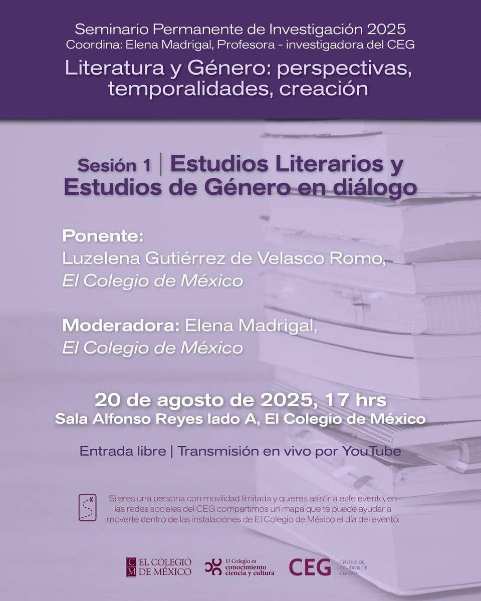 CEG Colmex (@cegcolmex) on Twitter photo 📢 El CEG invita a la primera sesión del Seminario Permanente de Investigación 2025 “Literatura y Género: perspectivas, temporalidades, creación”.
🗓️20 de agosto 2025, 17:00 hrs
📍Sala Alfonso Reyes, <a href="/elcolmex/">El Colegio de México</a>
🔴 Transmisión #EnVivo: youtube.com/live/Ff5t-FcZo…
#EntradaLibre 📢 El CEG invita a la primera sesión del Seminario Permanente de Investigación 2025 “Literatura y Género: perspectivas, temporalidades, creación”.
🗓️20 de agosto 2025, 17:00 hrs
📍Sala Alfonso Reyes, <a href="/elcolmex/">El Colegio de México</a>
🔴 Transmisión #EnVivo: youtube.com/live/Ff5t-FcZo…
#EntradaLibre