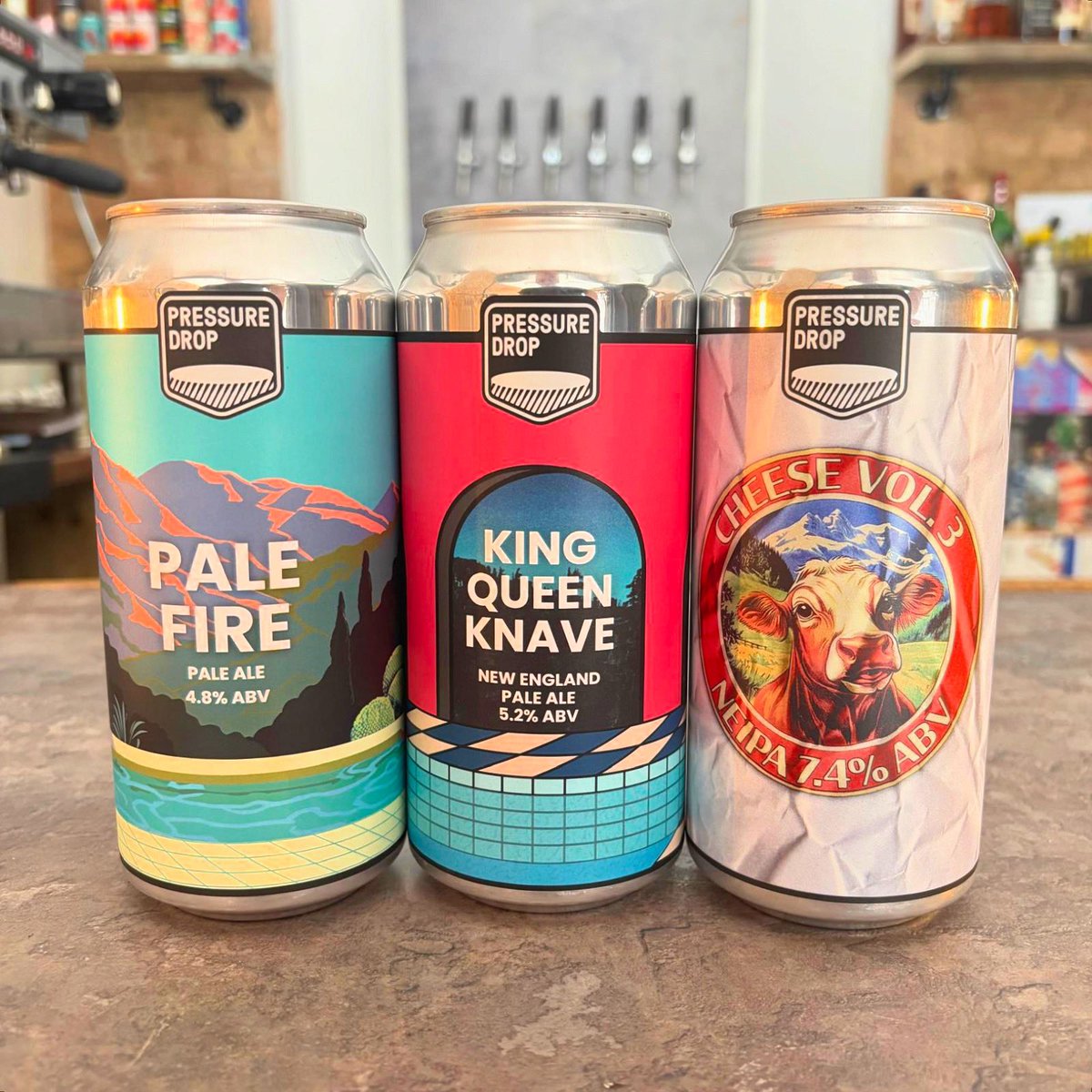 Pressure Drop Top Up! ‘Pale Fire’ and ‘King Queen..’ are BACK, with some extra ‘Cheese’ #NEIPA cos why not 🧀 #Craft #Tooting #Craftbeer #Bar &amp; #BottleShop open late! #TootingBroadway #beer #beers #PressureDrop