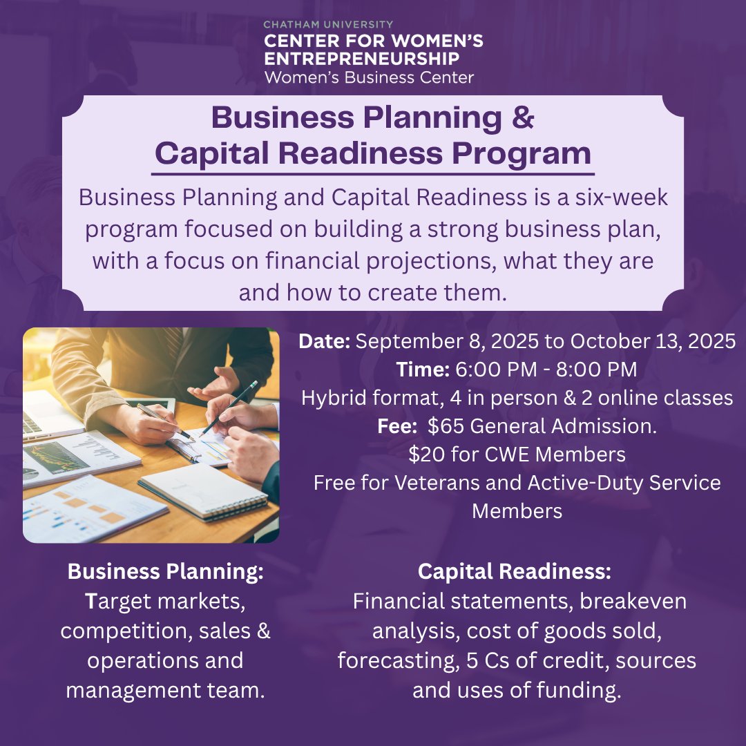 Prepare to secure funding with a solid business plan by enrolling in CWE’s six-week Business Planning and Capital Readiness program, starting September 8. Learn more and register here : chatham.edu/cwe/events/det…