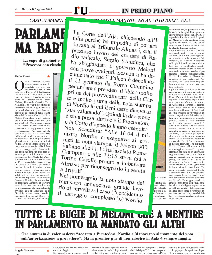 L'Unità oggi a pagina 3: sono tra i (pochi) colleghi che nei pezzi citano chi ha identificato il velivolo che quel giorno ha riportato #AlMasri in #Libia.

Il qui cronista ringrazia.