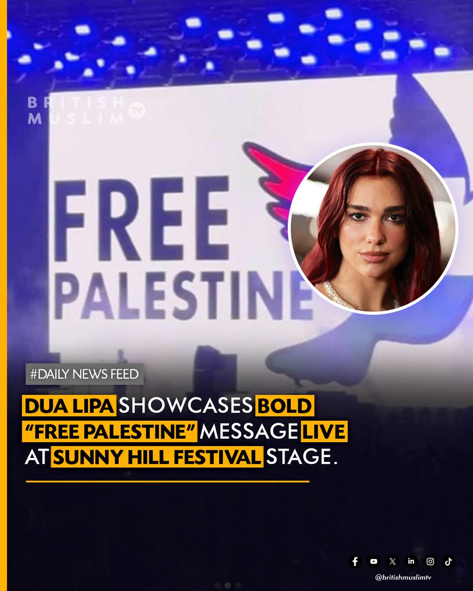 BritishMuslimTV's tweet photo. At the Sunny Hill Music Festival in Kosovo, British-Albanian pop star @DUALIPA displayed the words “Free Palestine” on screen during her performance, delivering a clear political message to thousands in attendance.
#viral #SunnyHill #Festival #Artist #DuaLipa #FreePalestine #perfromance