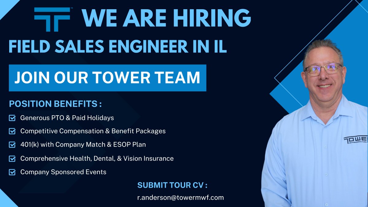 We’re hiring a Field Sales Engineer for Northern &amp; Western IL!
✅ Technical sales + real-world impact
✅ Hazard-free products
✅ Employee-owned company

📩 Apply: r.anderson@towermwf.com
🔗 Full role: bit.ly/TowerMWFNowHir…
#NowHiring #SalesEngineer #ManufacturingJobs #TowerMWF