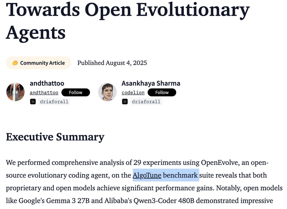 Ofir Press (@ofirpress) on Twitter photo We know that a bunch of teams are working on applying AlphaEvolve to AlgoTune, super excited to see some initial results! This is going to get super interesting. We know that a bunch of teams are working on applying AlphaEvolve to AlgoTune, super excited to see some initial results! This is going to get super interesting.