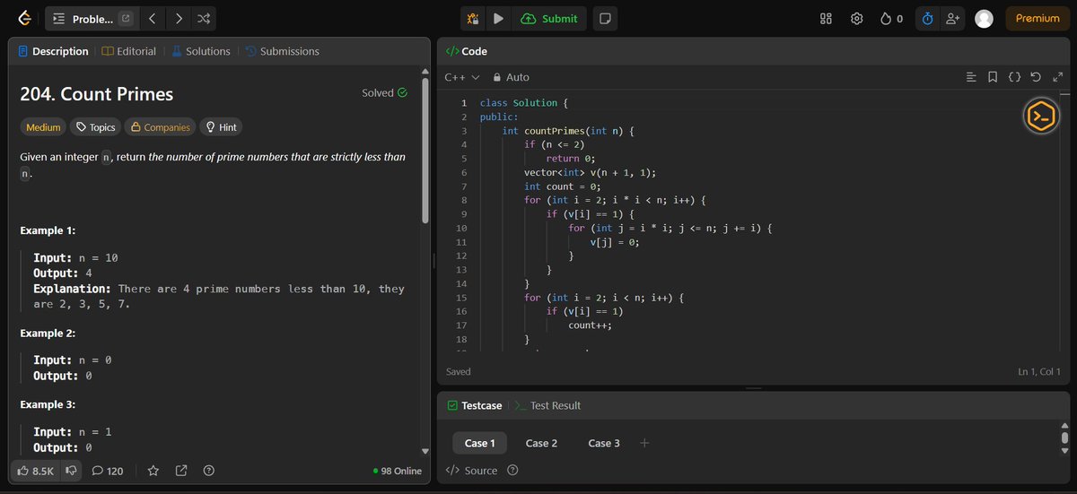 Anshu_mishraD's tweet image. Day 22 of solving DSA problems
until I get proficient
Problem-Count Primes
Takeaways-O(Nloglogn) Repeated division by each prime factor approach.
#DSA #BitManipulation #Leetcode #LearnInpublic