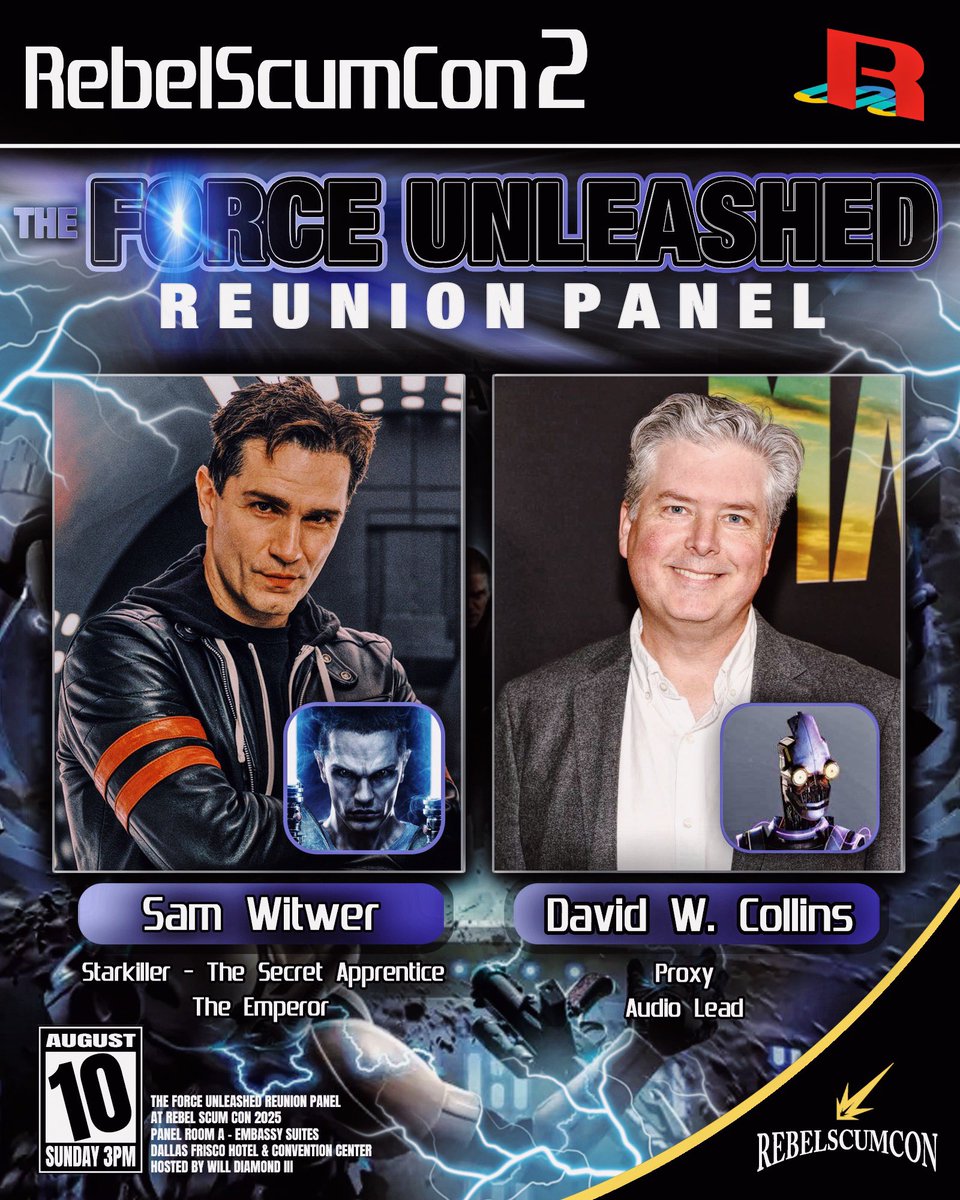 Will of The Force - Will Diamond (@will_oftheforce) on Twitter photo Star Wars Legends <a href="/DavidWCollins/">David W. Collins</a> and <a href="/SamWitwer/">Sam Witwer</a> reunite THIS SUNDAY 8/10 at <a href="/rebelscumcon/">RebelScumCon</a> for The Force Unleashed Reunion Panel ‼️
Get your tickets for <a href="/rebelscumcon/">RebelScumCon</a> now while you still can… 👀 Star Wars Legends <a href="/DavidWCollins/">David W. Collins</a> and <a href="/SamWitwer/">Sam Witwer</a> reunite THIS SUNDAY 8/10 at <a href="/rebelscumcon/">RebelScumCon</a> for The Force Unleashed Reunion Panel ‼️
Get your tickets for <a href="/rebelscumcon/">RebelScumCon</a> now while you still can… 👀