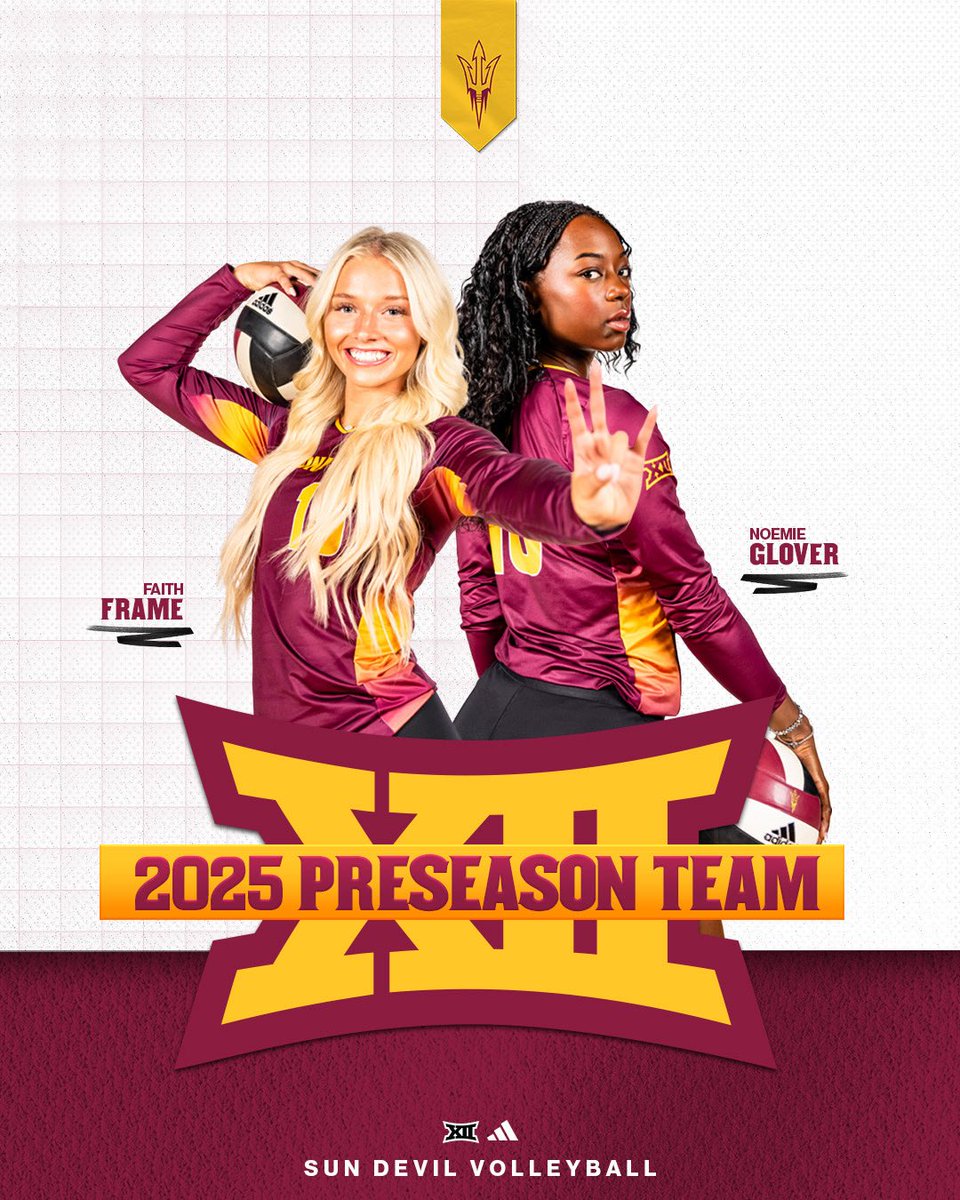 SunDevilVB's tweet image. Some preseason buzz for two of our newcomers 👀

Faith Frame and Noemie Glover were named to the 2025 Big 12 Preseason Team!

#ForksUp