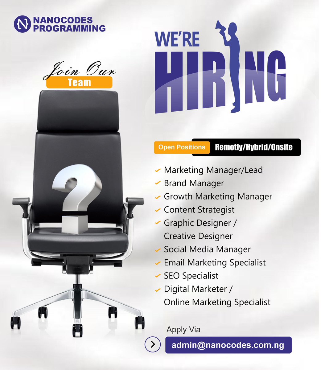 We're hiring at Nanocodes Programming!
Join our Marketing Team (Remote/Hybrid/Onsite) 

Roles:
Marketing Lead
Brand/Growth Manager
SEO, Email, Digital Marketers
Content Strategist
Designer &amp; more

Apply: admin@nanocodes.com.ng
#Hiring #MarketingJobs