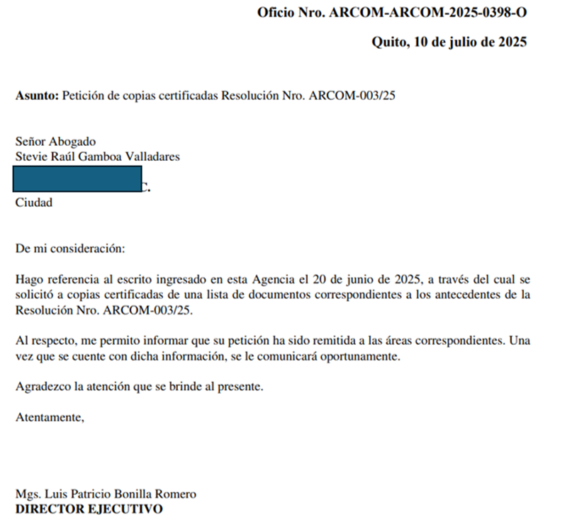 Stevie Gamboa Valladares 🇪🇨 (@steviegamboa) on Twitter photo Señores <a href="/ARCOM_Ecu/">Agencia de Regulación y Control Minero 🇪🇨</a> en fecha 20 de junio de 2025 solicité por Ley de Transparencia toda la información relacionada con el cálculo de la "Tasa Minera" aprobada mediante resolución ARCOM 003/2025. En fecha 10 de julio de 2025 el -entonces- Director informó que mi petición "ha sido Señores <a href="/ARCOM_Ecu/">Agencia de Regulación y Control Minero 🇪🇨</a> en fecha 20 de junio de 2025 solicité por Ley de Transparencia toda la información relacionada con el cálculo de la "Tasa Minera" aprobada mediante resolución ARCOM 003/2025. En fecha 10 de julio de 2025 el -entonces- Director informó que mi petición "ha sido