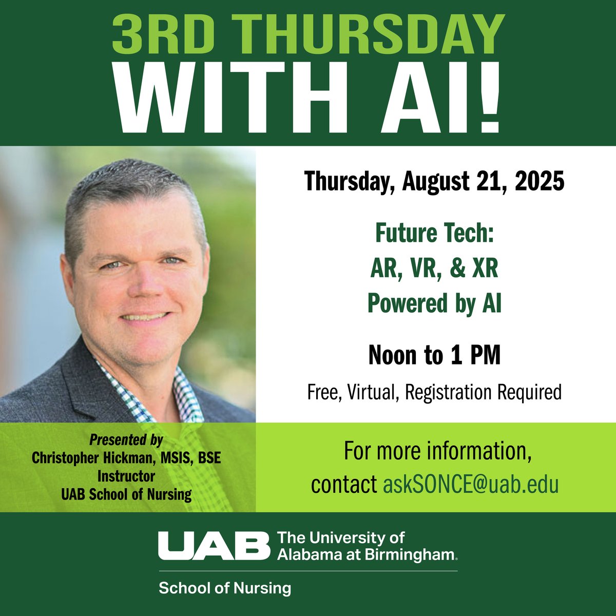 Join Instructor Christopher Hickman for the August session of the 3rd Thursday with AI series! This month's presentation will explore future technology, including AI-powered artificial intelligence, virtual reality and extended reality.

Register: bit.ly/3J54J2x