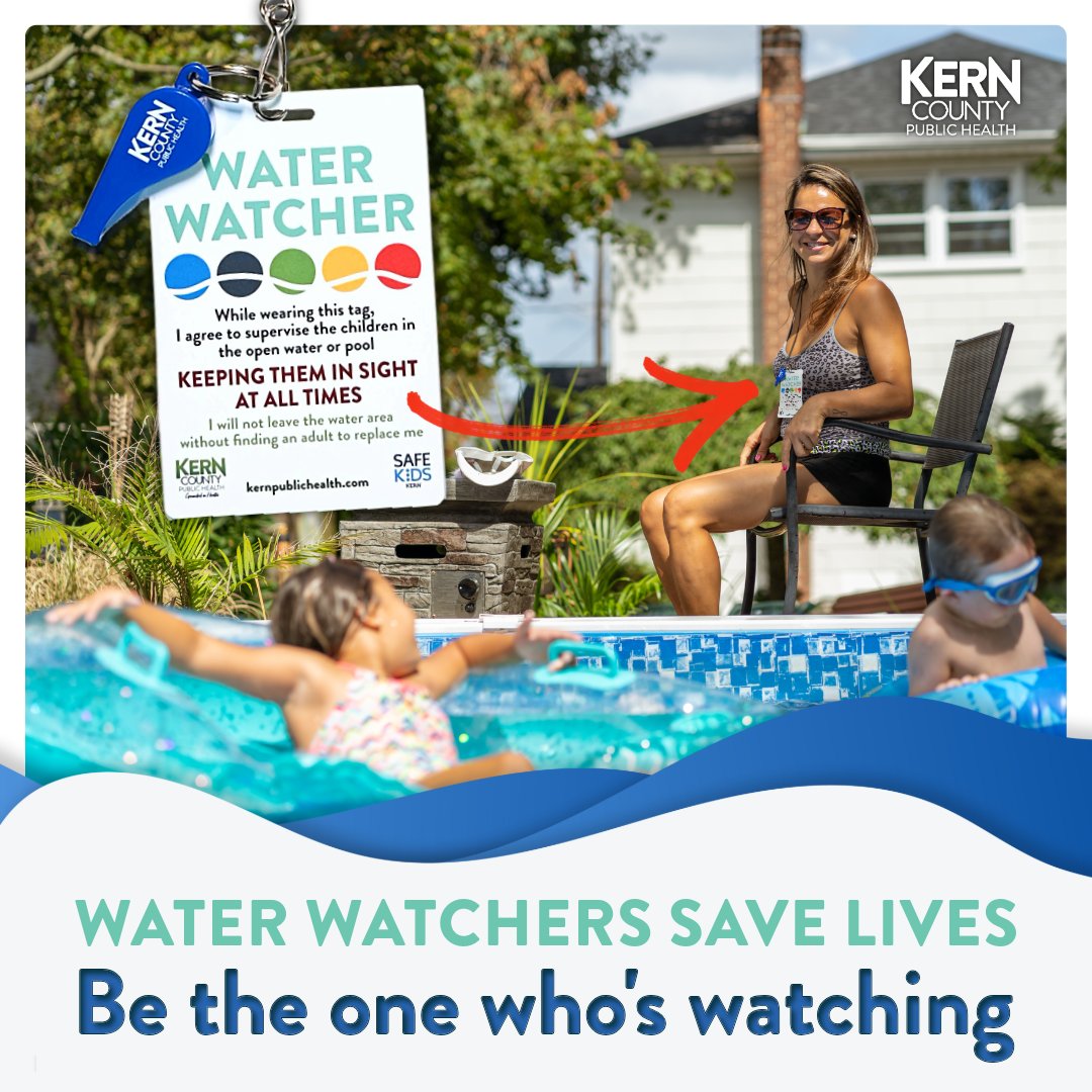 When kids are near water, an adult must always watch them to prevent drowning, which can happen silently. Designate a Water Watcher with a special lanyard—no distractions allowed!

Get your FREE Water Watcher lanyard at Public Health, 1800 Mt. Vernon Avenue, Bakersfield.