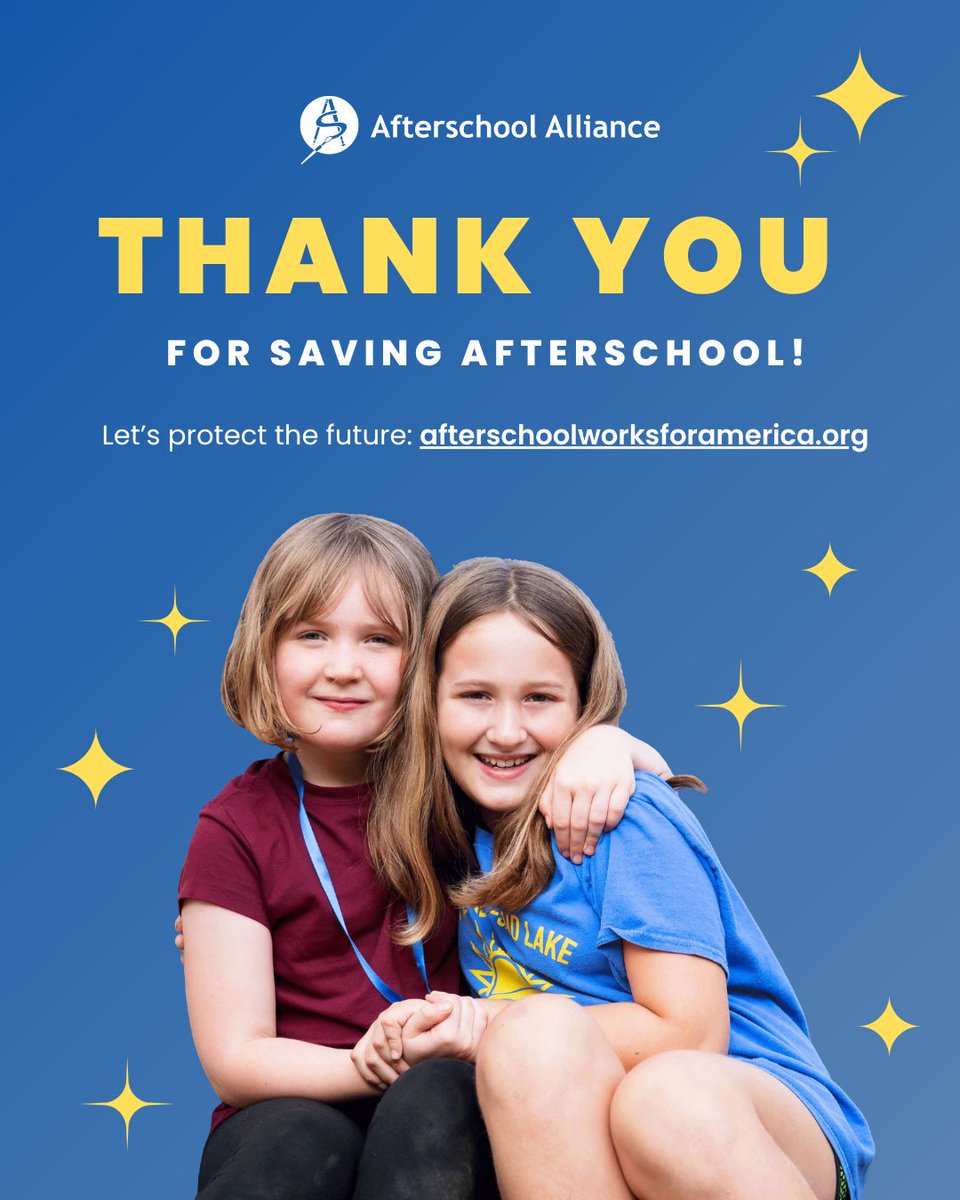 Afterschool Alliance (@afterschool4all) on Twitter photo On behalf of the Afterschool Alliance—and the 1.4M kids in 21st CCLC programs—thank you. 💙100K messages to Congress. Champions in Capitol Hill. Providers rallying nationwide. YOU made the release of FY25 21st CCLC funds possible. 
Don't let up, go to 3to6.co/congress! On behalf of the Afterschool Alliance—and the 1.4M kids in 21st CCLC programs—thank you. 💙100K messages to Congress. Champions in Capitol Hill. Providers rallying nationwide. YOU made the release of FY25 21st CCLC funds possible. 
Don't let up, go to 3to6.co/congress!