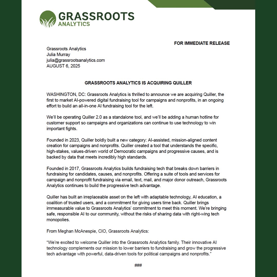 grassroots_data's tweet image. Grassroots Analytics is thrilled to announce we are acquiring Quiller!
Read our full blog post and press release here ⤵️
grassrootsanalytics.com/post/grassroot…