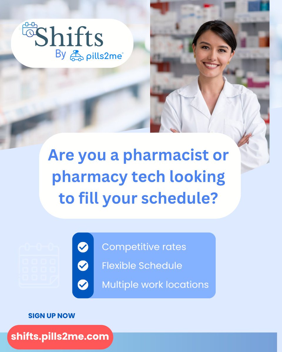 Pills2Me's tweet photo. Looking to fill gaps in your schedule? Discover a new, innovative way to connect with pharmacies in need of your skills!

Our new platform is designed for pharmacists and pharmacy technicians, offering a way to find and book shifts at various pharmacy locations. 

 Sign up today! https://t.co/Ze7scjGwps