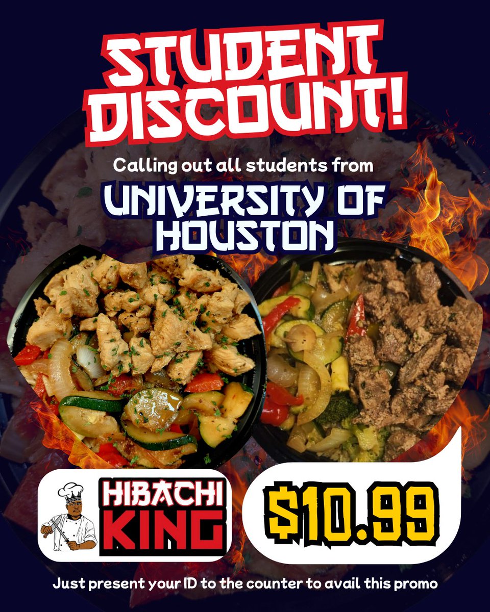 Hibachiking3's tweet image. 📚 Midweek grind?
🍱 Refuel like a champ.
UH students eat for just $10.99 — flash that ID and get fire on a plate.
#HibachiKingHouston #UHStudentEats #LunchDoneRight