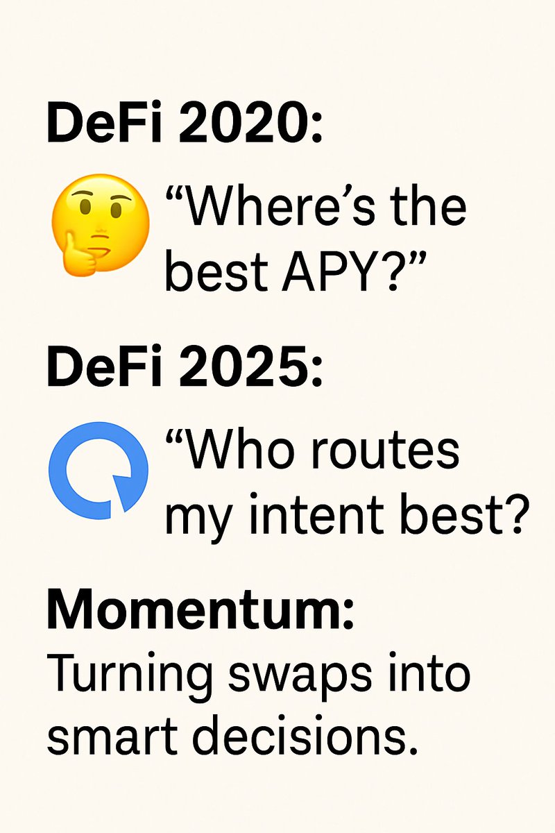 Th0thnio's tweet photo. 🧭 If 2020 was about yield, 2021 about L2s, and 2024 about modularity...
Then 2025 is all about intent.

The winners won't be those with the most TVL
but those who route liquidity the smartest.

Momentum isn’t building another DEX.
It’s becoming the default router for DeFi across chains, across systems.

Just say: “Swap A → B.”
Momentum handles everything else: optimal path, best execution, chainless UX.

This is the kind of infra DeFi users will use without even realizing it.
#Momentum #IntentLayer #defi2025