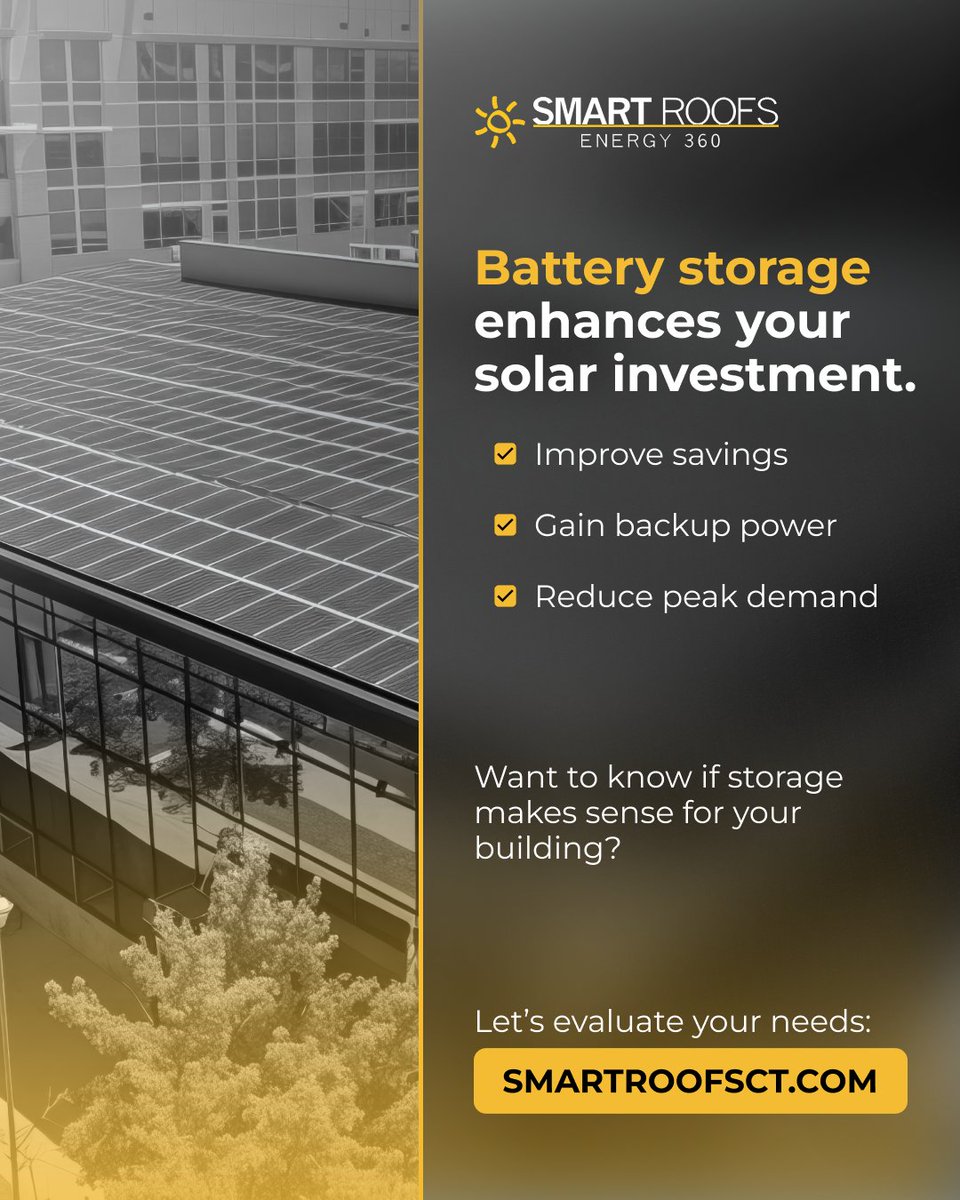 SmartRoofsSolar's tweet image. Battery storage isn’t just a backup plan, it’s a smart way to increase ROI on your solar system. #SmartRoofsCT #SmartRoofsAndEnergy #BatteryStorage #SolarStorageSolutions #EnergySmartBusiness #CTCommercialSolar