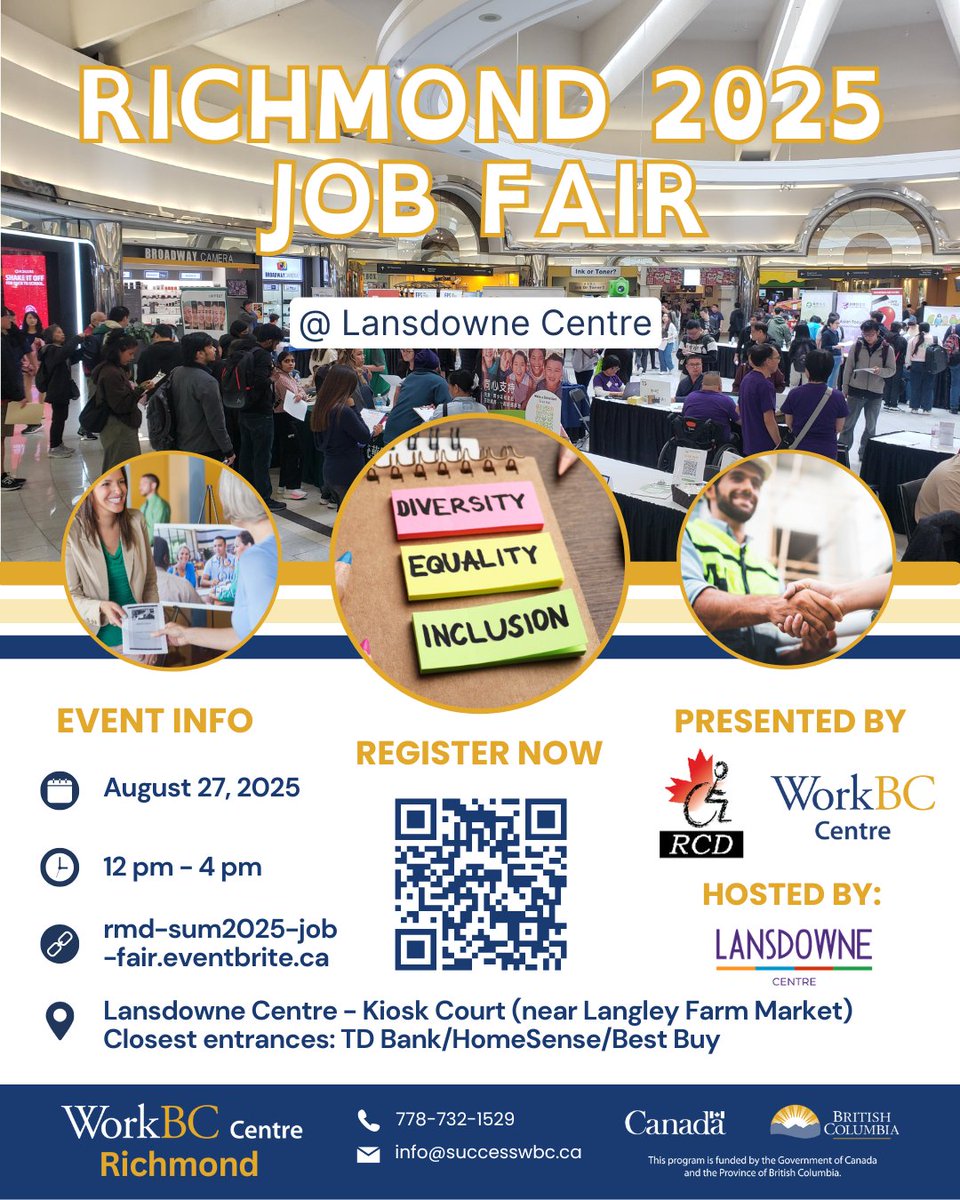 Join us at the Richmond 2025 Job Fair at Lansdowne Centre Richmond!

📷 Date: Tuesday, August 27, 2025
📷 Time: 12:00 PM – 4:00 PM
📷 Location: Lansdowne Centre, Richmond
📷 Register now: rmd-sum2025-job-fair.eventbrite.ca

#CareerOpportunities #InclusiveHiring #workbccentrerichmond