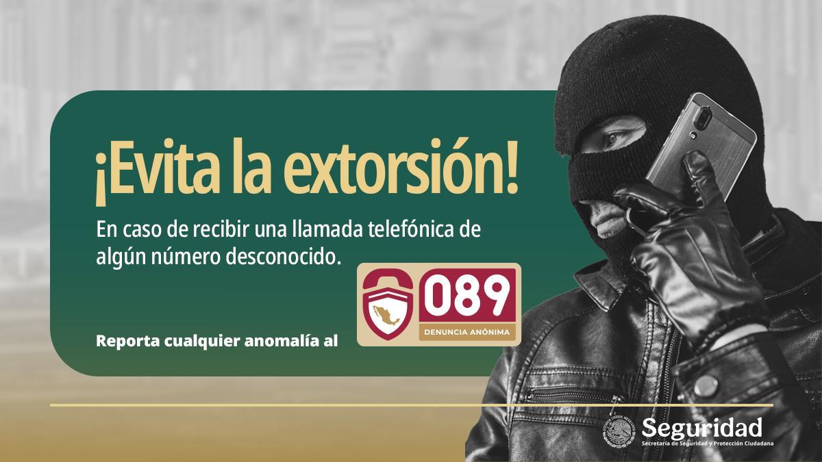 Secretaría de Seguridad y Protección Ciudadana (@sspcmexico) on Twitter photo Con tu denuncia, detenemos a los extorsionadores y protegemos a las familias. ¡Vamos unidos contra la #extorsión!
📞 Cuelga y reporta al 089 Con tu denuncia, detenemos a los extorsionadores y protegemos a las familias. ¡Vamos unidos contra la #extorsión!
📞 Cuelga y reporta al 089